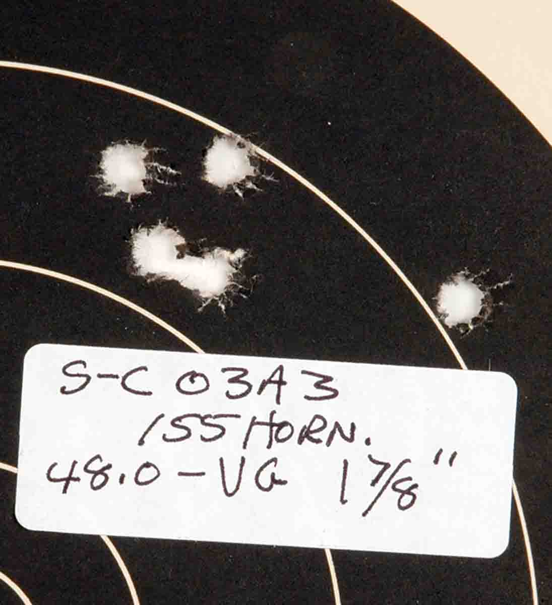 This flyer from the group (right) isn’t overly significant at 100 yards, but at 300 yards on game it could turn a killing shot into a wounding shot.